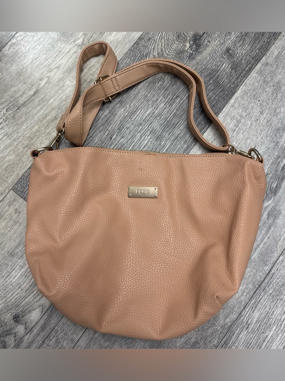 BCBG Pebbled Leather Hobo in Nude Tan